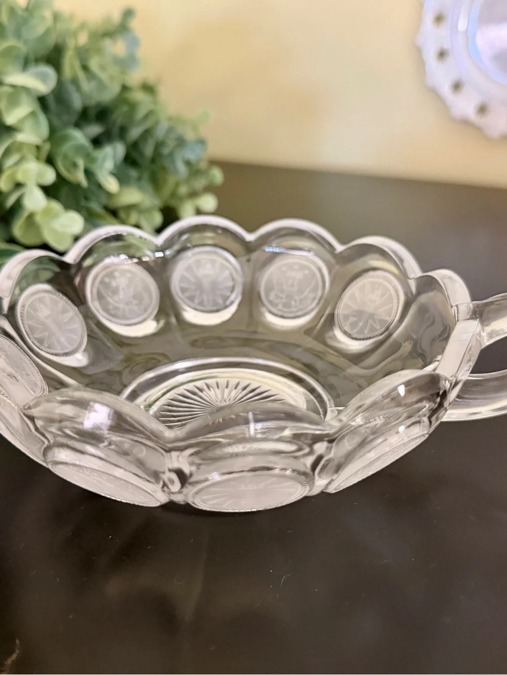 FOSTORIA, COIN GLASS, NAPPY BOWL WITH A FROSTED, PRESSED GLASS COIN MOTIF